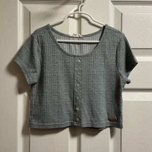 Gray Ribbed Button-Up Crop Top